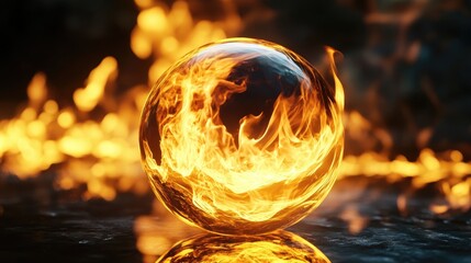 Fototapete - Glowing glass sphere engulfed in vibrant flames with fiery reflections and dynamic background of swirling fire.