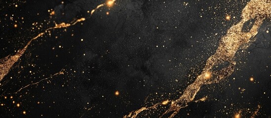 Poster - Elegant black marble background with shimmering golden glitter for creative displays and promotional materials featuring ample copy space.