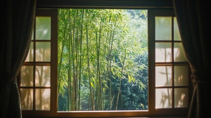 Poster - Bamboo forest view through a window with soft curtains creating a serene and tranquil atmosphere in natural light
