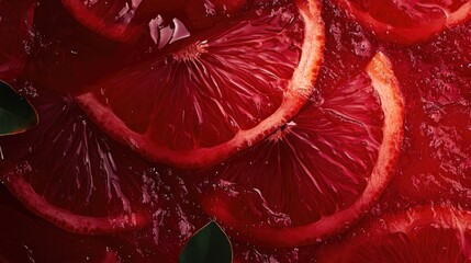 Poster - Vibrant red grapefruit segments with glistening juice and fresh green leaves creating a refreshing visual appeal for food photography.