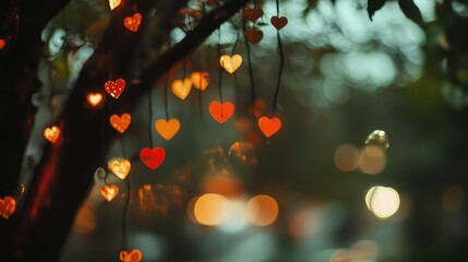 Poster - Romantic bokeh hearts hanging from branches creating a festive and dreamy atmosphere with blurred lights in the background