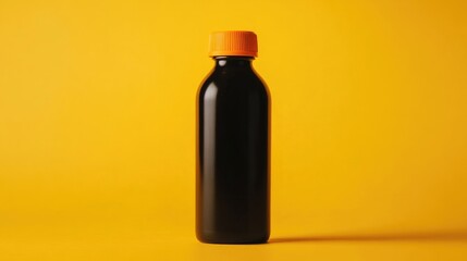 Poster - Black bottle with orange lid displayed against a vibrant yellow background. Ideal for product mockups and branding presentations.