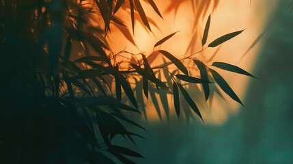 Poster - serene silhouette of bamboo leaves against a warm sunset glow creating a tranquil natural ambiance f