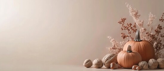 Poster - Autumn still life composition featuring pumpkins and nuts with warm tones and empty space for text placement in seasonal decor context