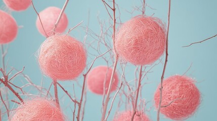 Poster - Pink straw balls on thin branches against a soft blue background creating a whimsical and modern decorative arrangement.