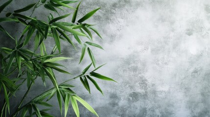 Poster - Lush bamboo branch against a textured gray wall creating a serene and calming natural backdrop for design and decor themes