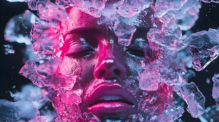 Poster - Illuminated Ice Sculpture, a striking ice face adorned with vibrant colored lights, accentuating its intricate features and ethereal beauty.