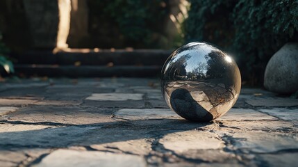 Poster - Reflective metallic sphere resting on cobblestone pavement surrounded by greenery in serene outdoor setting.