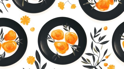 Poster - Black plates featuring vibrant orange fruit garnished with botanical elements on a light background for a modern culinary presentation.