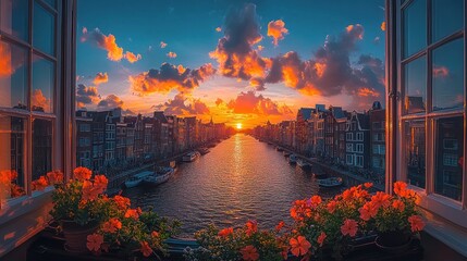 Poster - Amsterdam canal sunset view from window with flowers.