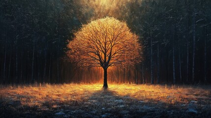 Poster - Frosty sunrise illuminating a singular bald tree in a field with a dark forest backdrop and warm golden light