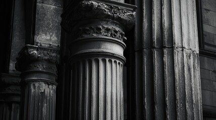 Poster - Historic stone columns of a bank building showcasing intricate architectural details in a classic style with a monochromatic aesthetic.