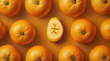 Poster - Halved banana placed among vibrant oranges showcasing contrast in color and texture on a bright surface