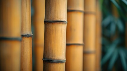 Poster - Bamboo stalks creating a serene natural background with vibrant green foliage for a tranquil atmosphere in design and decoration.