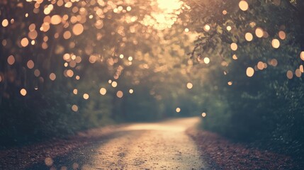 Poster - Vintage monochrome bokeh light effects on a winding forest road creating a dreamy atmospheric landscape in soft focus ambiance
