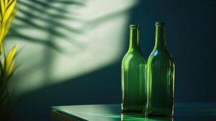 Poster - Minimalist green glass bottles on a reflective surface illuminated by ambient light showcasing a clean composition and empty space for text.