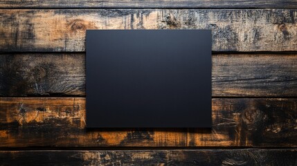 Poster - Black sheet of paper on rustic wooden desk background for creative or design projects and presentations