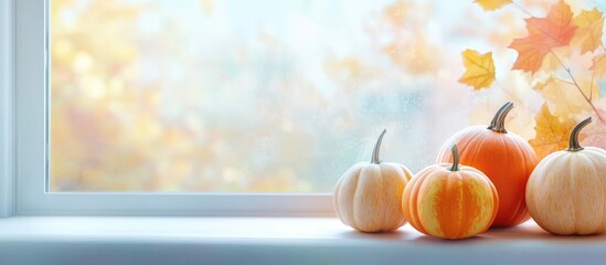 Poster - Autumn still life with colorful pumpkins on a bright windowsill surrounded by fall foliage and soft natural light for seasonal decor