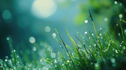 Poster - Serene Bokeh Background with Dewy Grass Blades in Soft Focus Nature Scene