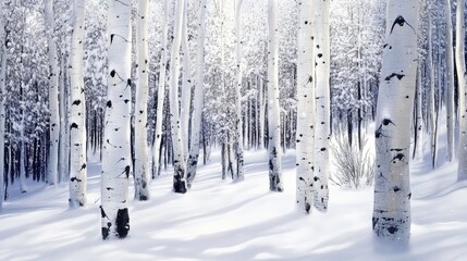 Poster - Snow-covered Aspen trees creating a serene winter landscape in a tranquil forest setting with soft light and fresh snowfall.