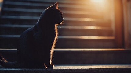 Poster - Black cat silhouette on stairs illuminated by warm light creating a serene atmosphere with ample copyspace for creative text placement