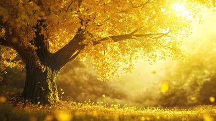 Poster - vibrant yellow maple tree basking in sunlight creating a serene autumn landscape with ample backgrou