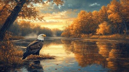 Poster - bald eagle perched by serene river at sunrise with vibrant autumn foliage and stunning reflections i