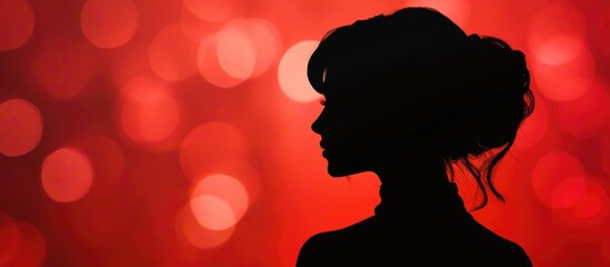 Poster - Silhouette of a young woman against a vibrant red bokeh background with ample copyspace for promotional text in a studio setting