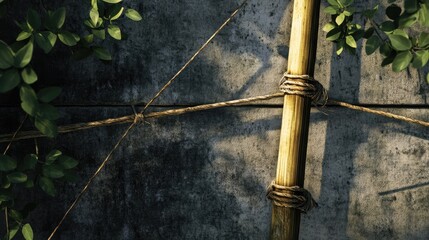 Poster - Bamboo pole tied with string against a textured wall surrounded by greenery in natural light showcasing craftsmanship and rustic elements