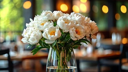Poster - A stunning bouquet of white peonies sits in a clear vase filled with water, serving as a beautiful centerpiece in a warmly lit restaurant, creating a festive atmosphere for the holiday event.