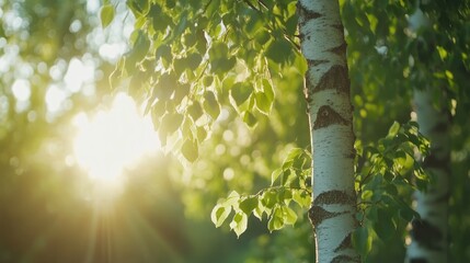 Poster - Sunlit birch trees with vibrant green leaves creating a serene summer atmosphere in a natural outdoor setting