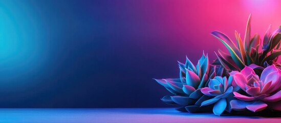 Poster - Vibrant succulent plants illuminated by neon lights with ample copyspace for text in a striking modern setting.