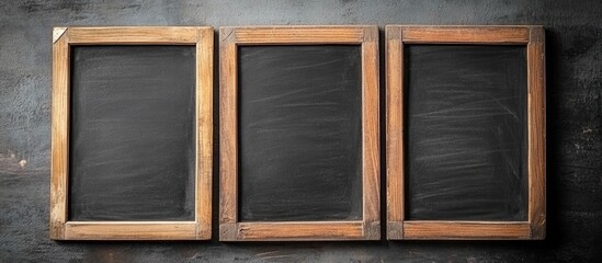 Poster - Three rustic black chalkboards with wooden frames against a dark background providing ample copyspace for text or creative content.