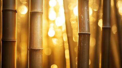 Poster - Golden Bamboo Silhouettes with Backlit Sunlight Creating a Warm and Serene Atmosphere in Nature