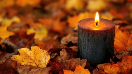 Poster - Black candle flickering among warm autumn leaves in shades of orange and yellow creating a cozy seasonal atmosphere