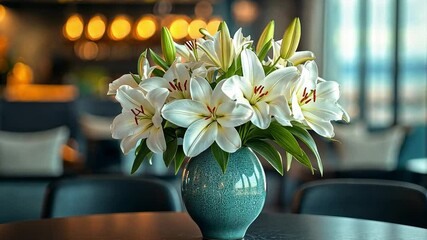 Poster - A stylish vase holds a bouquet of white lilies in a contemporary restaurant. The background features soft lighting and inviting decor, creating a warm atmosphere for a holiday gathering.