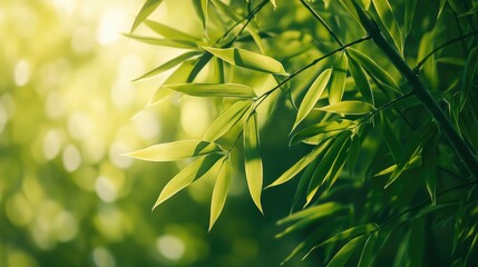 Poster - Lush green bamboo leaves illuminated by soft light creating a serene natural ambiance in a tropical environment