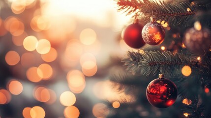 Poster - Bokeh effect on vintage Christmas tree with ornaments creating a warm festive atmosphere and soft glowing background lights