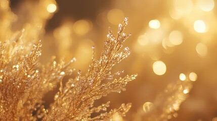 Poster - Golden morning dew illuminating grass with enchanting bokeh effects creating a serene and tranquil nature scene.