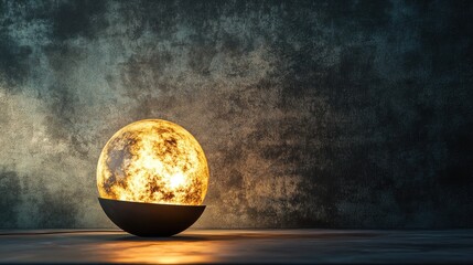 Poster - Spherical lamp casting warm light against a textured wall in a modern interior setting highlighting contemporary decor elements.
