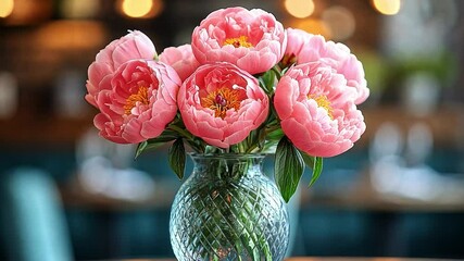 Aufkleber - A stunning bouquet of pink peonies beautifully arranged in a glass vase sits prominently on a table in a restaurant.