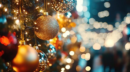 Poster - Festive bokeh lights and Christmas ornaments creating a warm holiday ambiance in a blurred background setting
