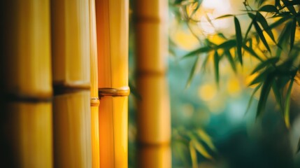 Poster - Bamboo curtain softly illuminated in a serene garden setting showcasing the natural beauty and tranquility of bamboo foliage.
