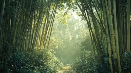 Poster - Serene path through lush bamboo forest with sunlight filtering through tall trees in a tranquil natural setting