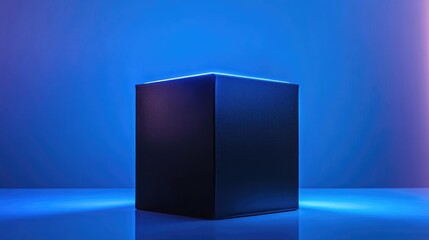 Poster - Minimalist black display box on illuminated blue background with neon accents perfect for showcasing products or promotional content
