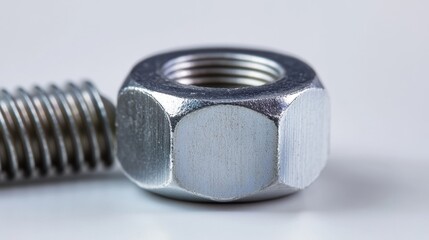 Close-Up of Metallic Nut and Bolt on White Background