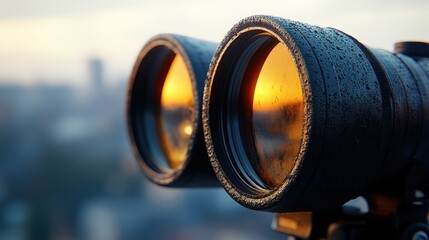 Poster - Binoculars overlooking city sunrise.