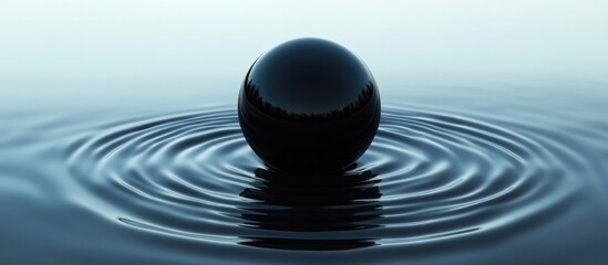 Poster - Black sphere levitating over tranquil water surface with blue ripples and blank area for adding text or graphic elements