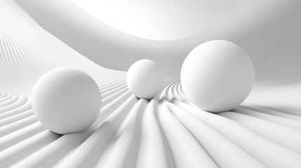 Fototapete - Fractal landscape with smooth lines and white spheres creating an infinite depth illusion in a minimalist design setting