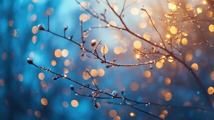 Poster - Festive Bokeh Effect with Glowing Orbs and Dewy Branches Creating a Magical Winter Atmosphere